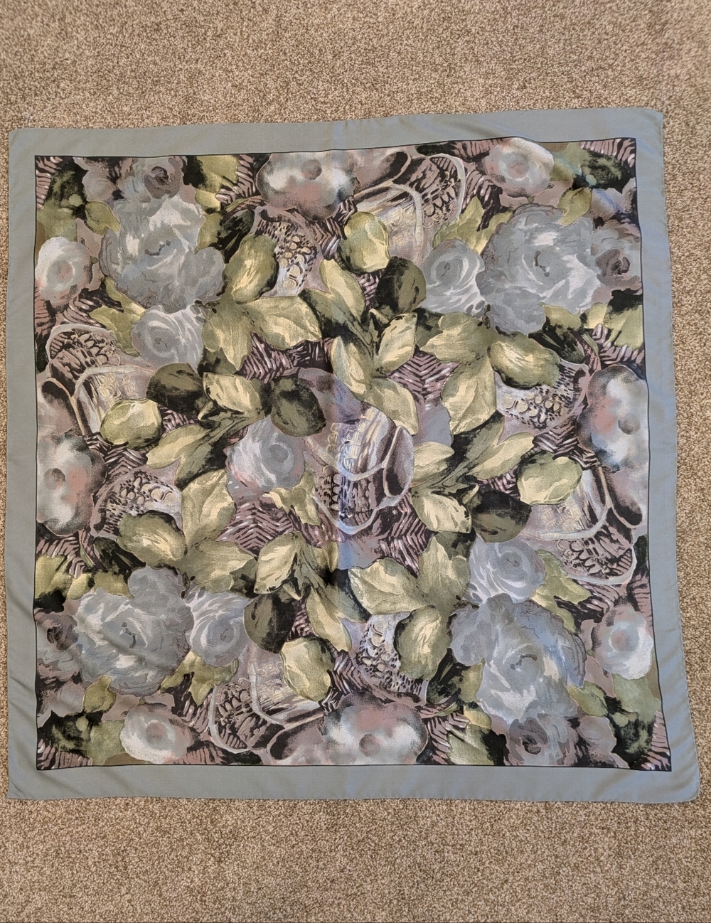 Floral Polyester Scarf in Gray, Green & Pink
